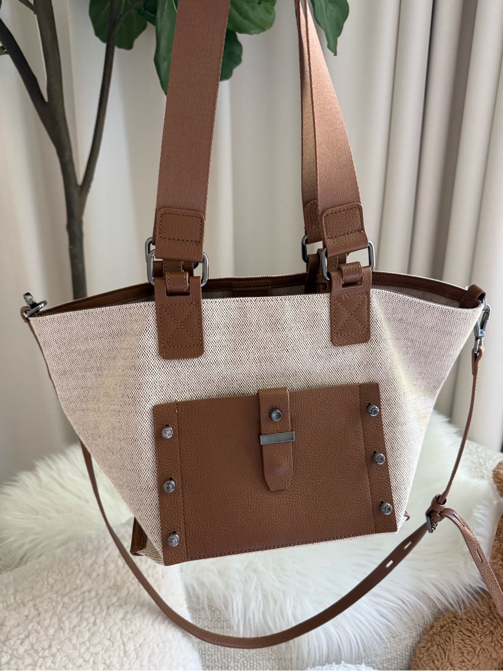 Botkier Beige Canvas Tote with Brown Leather Trim